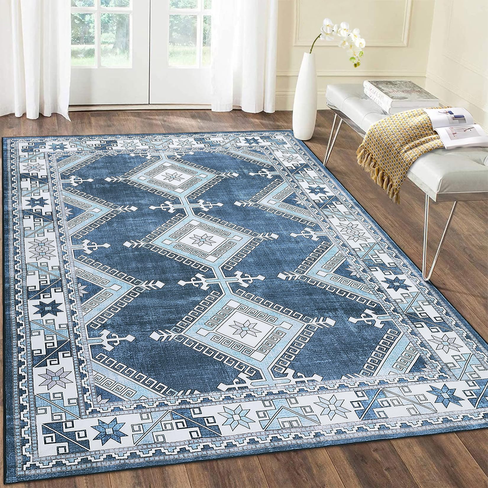 Tapis de couloir moderne Garvee, lavable en machine, motif géométrique marocain, pour salon, chambre, salle à manger ou bureau, gris-bleu