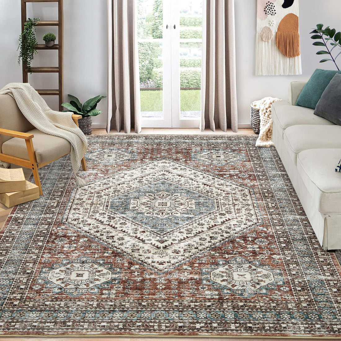 Tapis persan-oriental Garvee 160 x 230 cm, envers en polyester TPR, lavable, antidérapant, pour salon