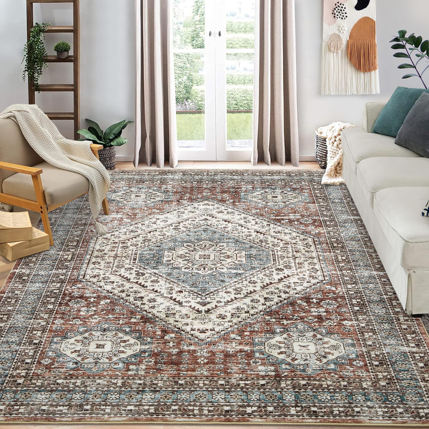 Tapis persan-oriental Garvee 160 x 230 cm, envers en polyester TPR, lavable, antidérapant, pour salon