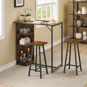 Ensemble table et chaises de bar Garvee, 3 pièces, brun rustique avec rangement, hauteur réglable, pour coin cuisine/petit-déjeuner, MDF/acier