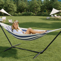 Hamac double Garvee avec structure en acier, en coton confortable, portable, à rayures bleues et blanches, pour une utilisation intérieure et extérieure, capacité de charge de 204 kg