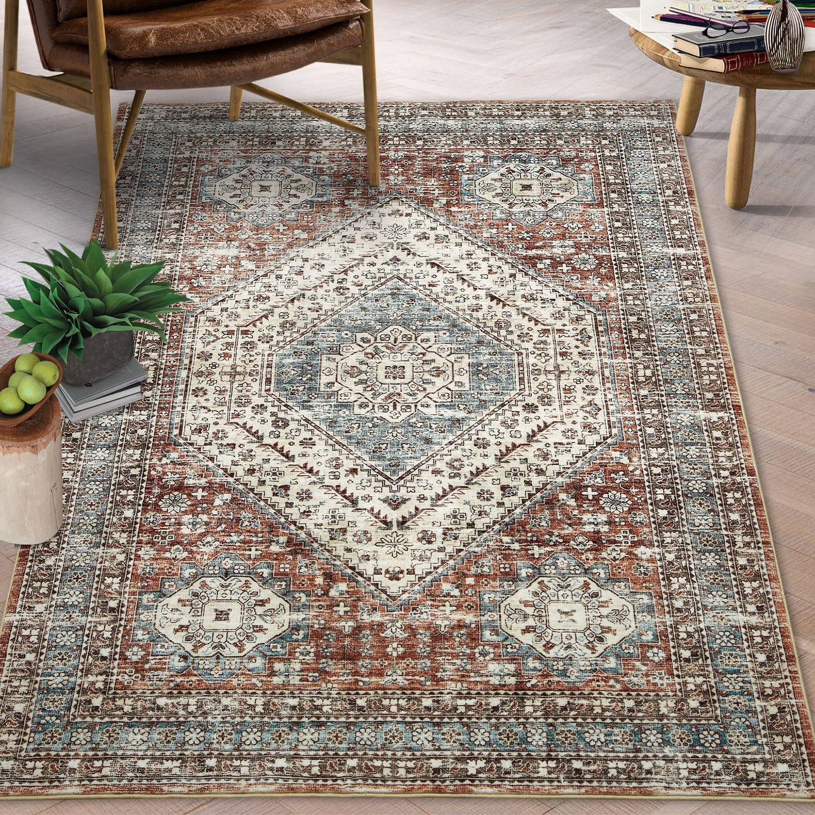 Tapis de couloir vintage Garvee, lavable, antidérapant, facile à nettoyer, pour salon, chambre, salle à manger, marron, 120 x 170 cm