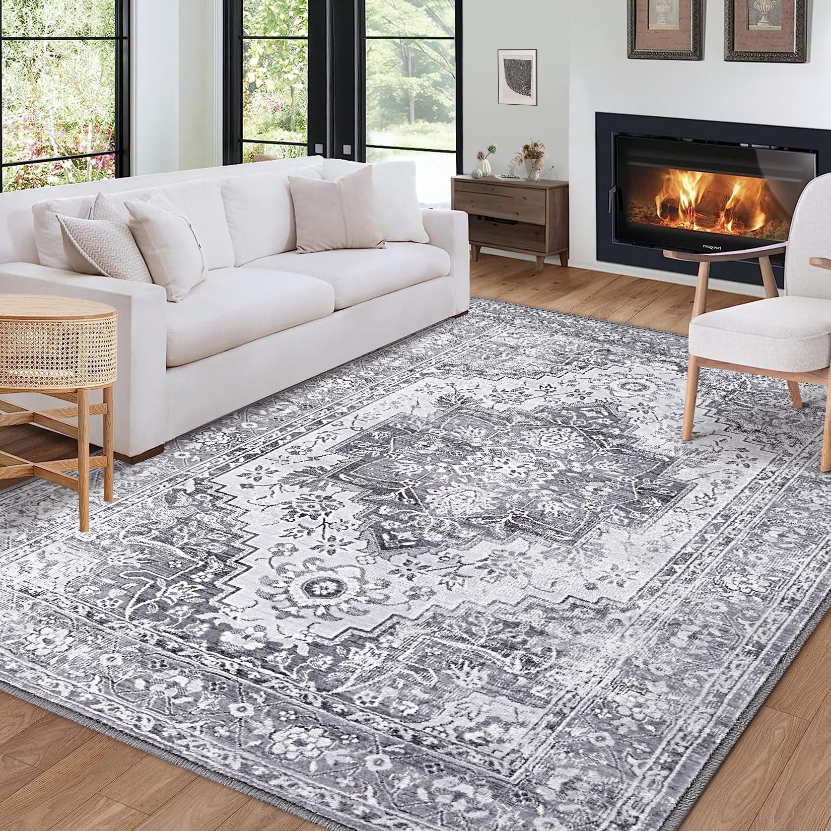 Tapis vintage Garvee, motif oriental, antidérapant, antitache, lavable, poils courts, gris, 160 x 230 cm, salon, chambre