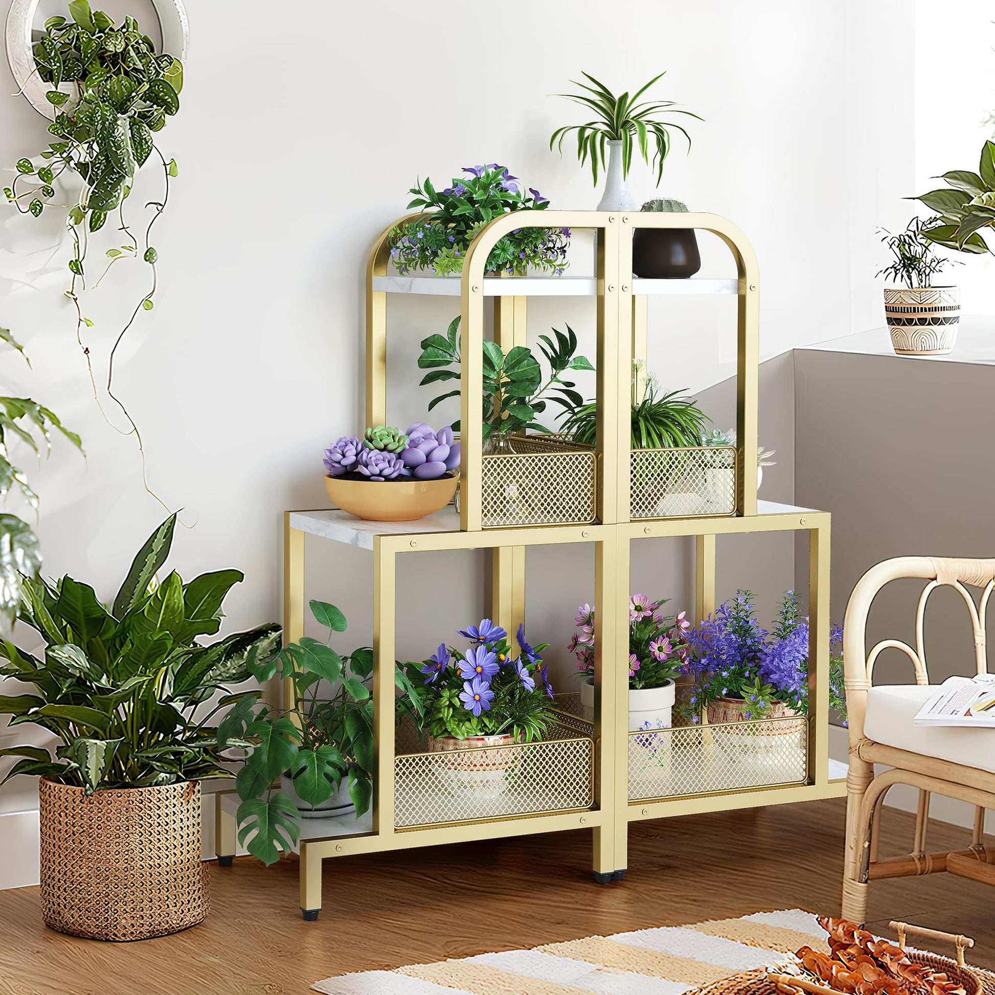 Étagère à 3 niveaux Garvee Small, étagère échelle dorée, structure métallique robuste, blanc marbré, salon, bureau, chambre