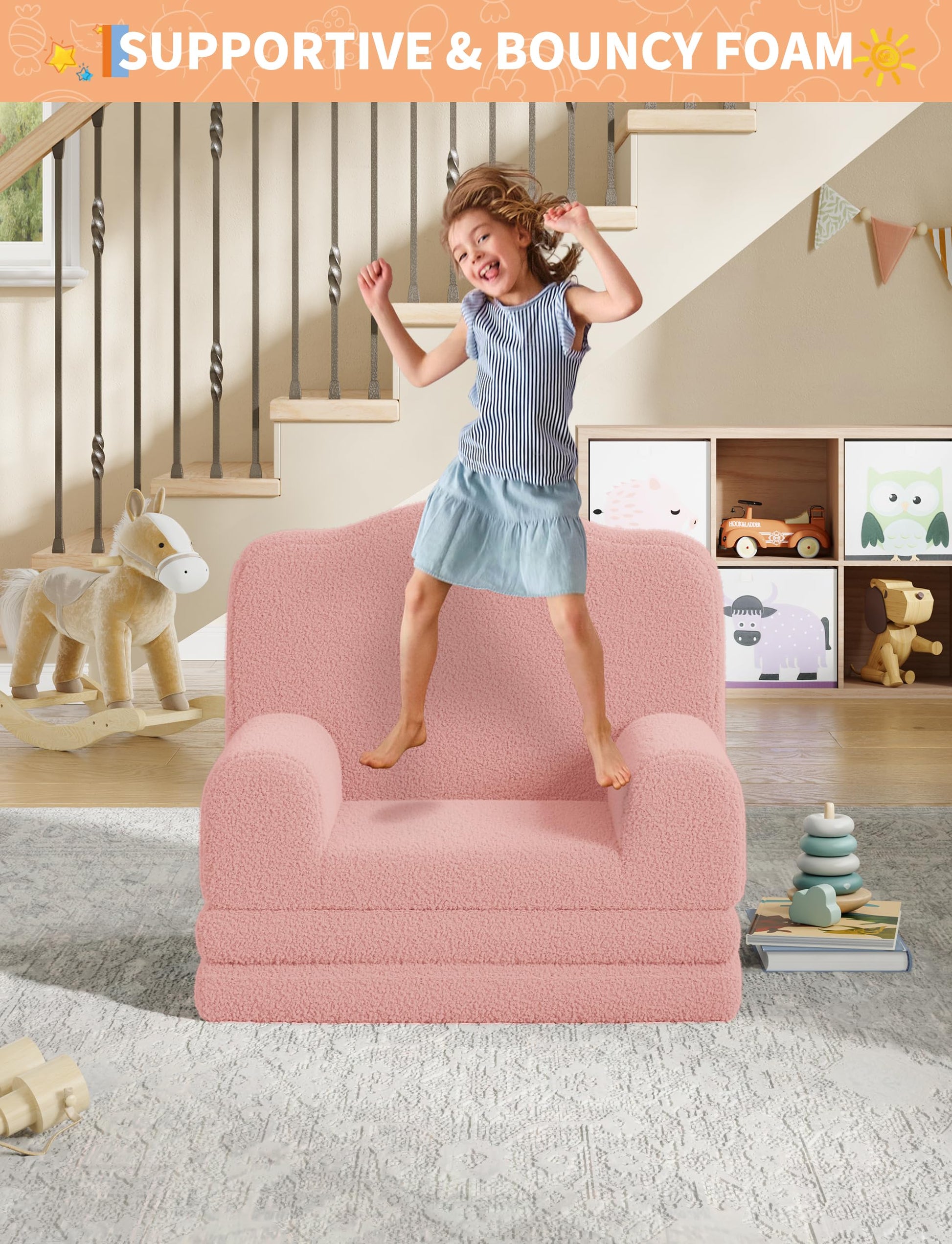 Canapé Garvee Kids 2-en-1 réversible, canapé et méridienne, rose couronne, pour salle de jeux, mousse confortable, housse douce en sherpa