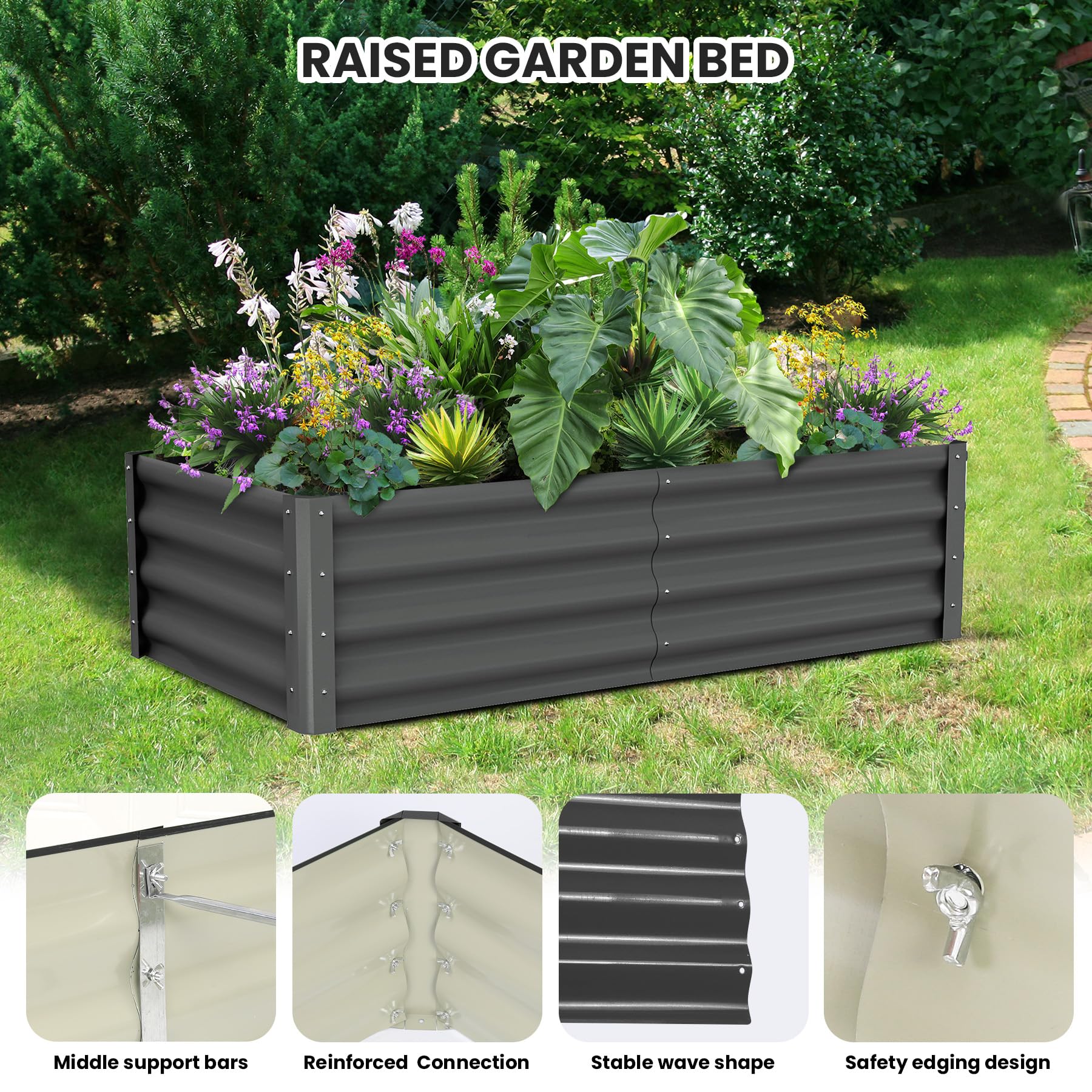 Potager surélevé galvanisé Garvee 180 x 90 x 30 cm, en acier, antirouille, avec rebord de sécurité, idéal pour le jardin et la terrasse, durable et facile à monter.