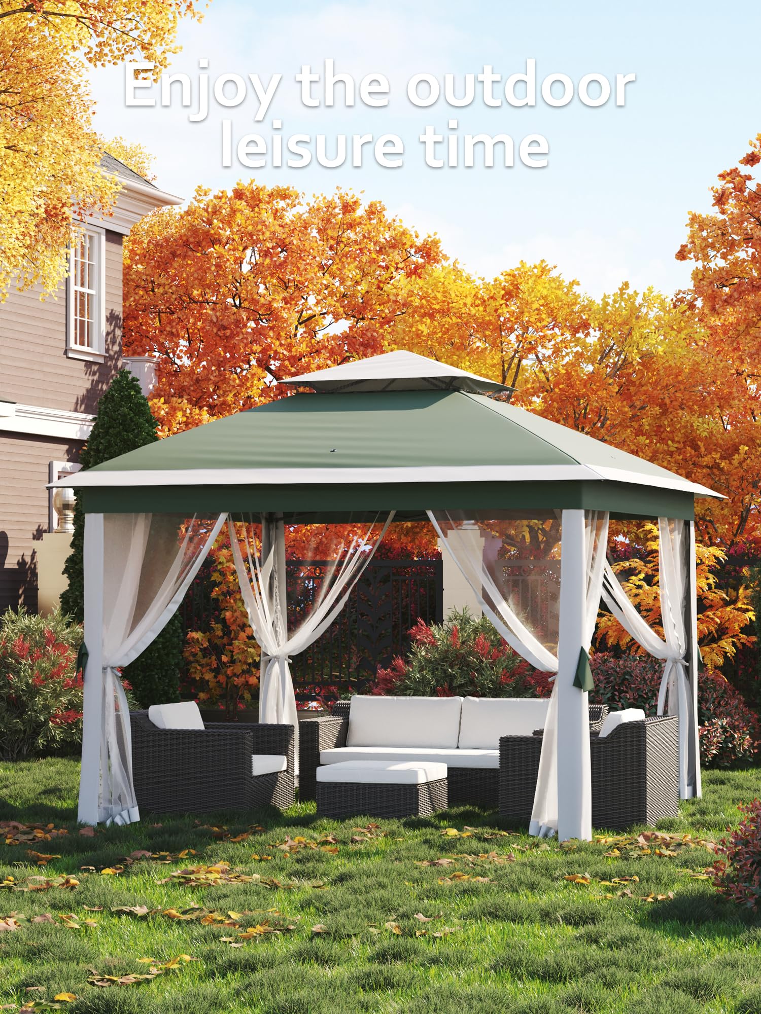 Garvee Tonnelle Pliante 335 x 335 cm Vert Beige, Moustiquaire, Hauteur Réglable, Résistante Eau/UV, Jardin et Camping