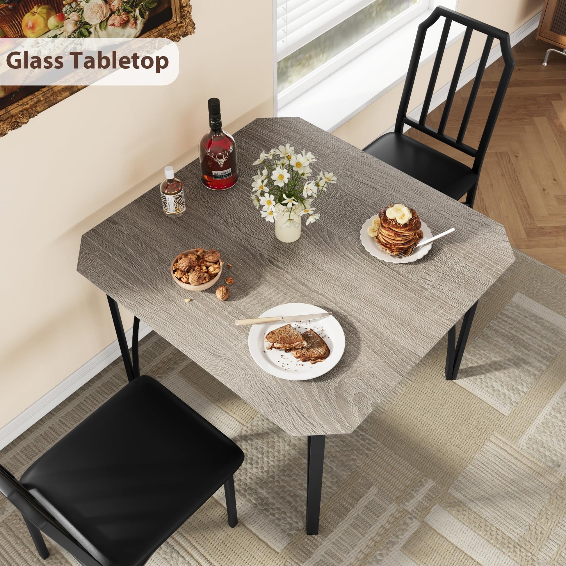 Ensemble de salle à manger Garvee pour 2 personnes, design chanfreiné, 3 pièces, sièges rembourrés, gris, compact pour petits espaces