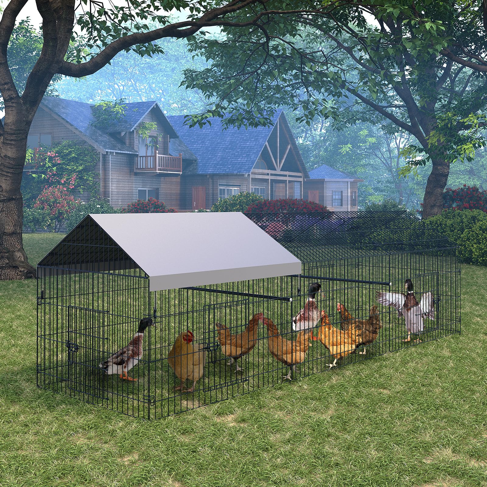 Poulailler Garvee 100x330x100cm – Acier galvanisé avec 3 compartiments et 4 portes pour poules et lapins