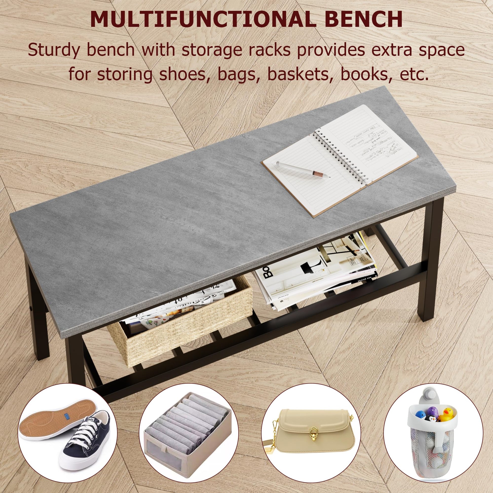 Ensemble de salle à manger Garvee pour 4 personnes avec banc, rangement, structure robuste en MDF et acier, gain de place, polyvalent, gris, idéal pour les petits appartements