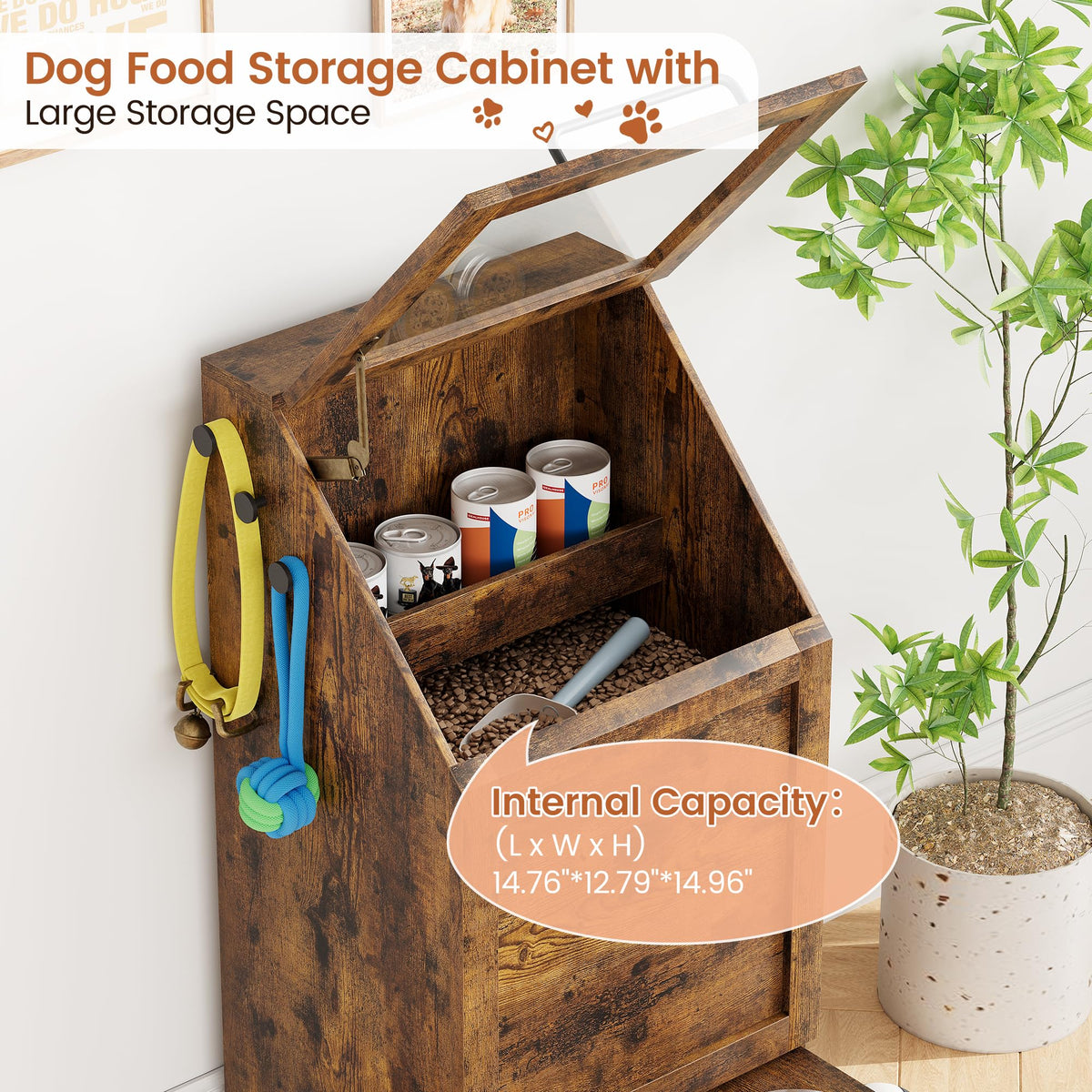 Station d'alimentation pour chien Garvee avec 2 gamelles surélevées en acier inoxydable, couvercle rabattable, grand espace de rangement pour salon et balcon, robuste, en bois, distributeur de croquettes dissimulé