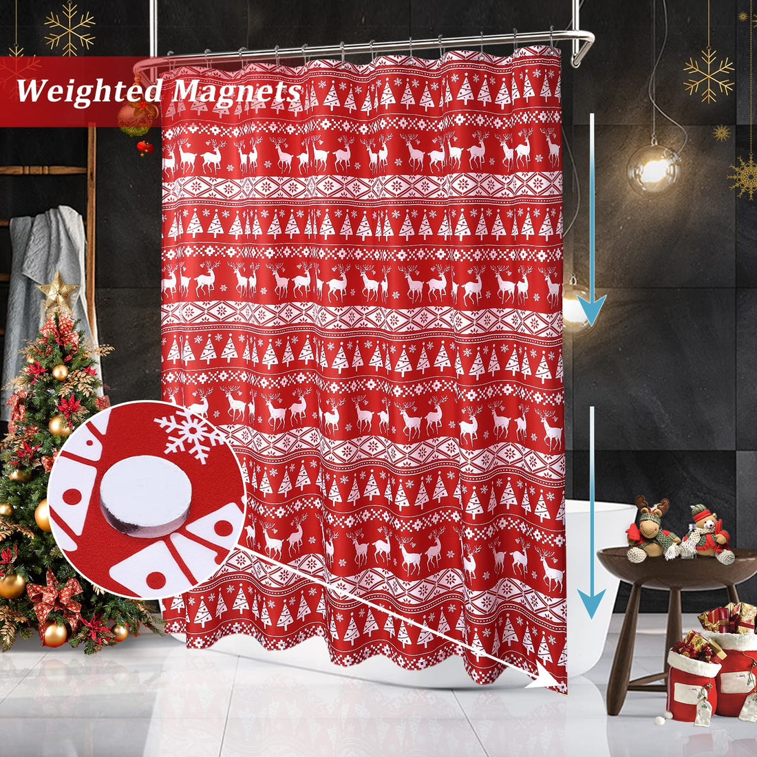 Garvee Rideau de douche motif Noël, 91 × 182 cm, magnétique, imperméable, rouge