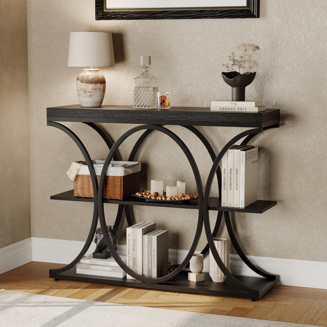 Console industrielle Garvee 39", 3 niveaux, avec base en métal et étagères en bois, pour entrée et salon, étroite, robuste et polyvalente