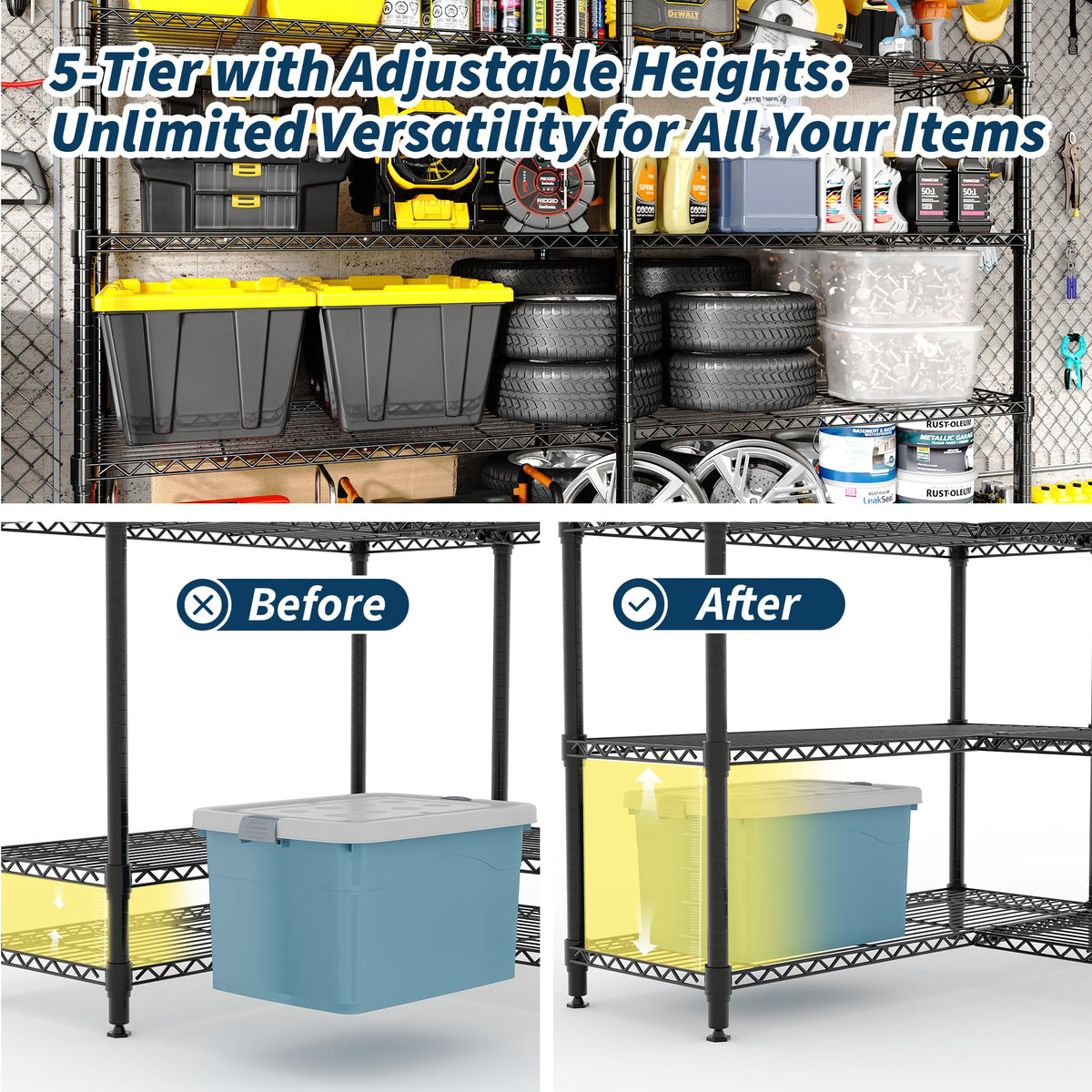 Garvee Étagère métallique en L, 5 niveaux réglables, hauteur 179 cm, capacité 601 kg, pour cuisine, bureau et garage