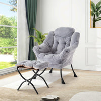 Fauteuil relax Garvee avec repose-pieds, ergonomique et robuste, revêtement en imitation fourrure de lapin, gris clair, pour salon et bureau.