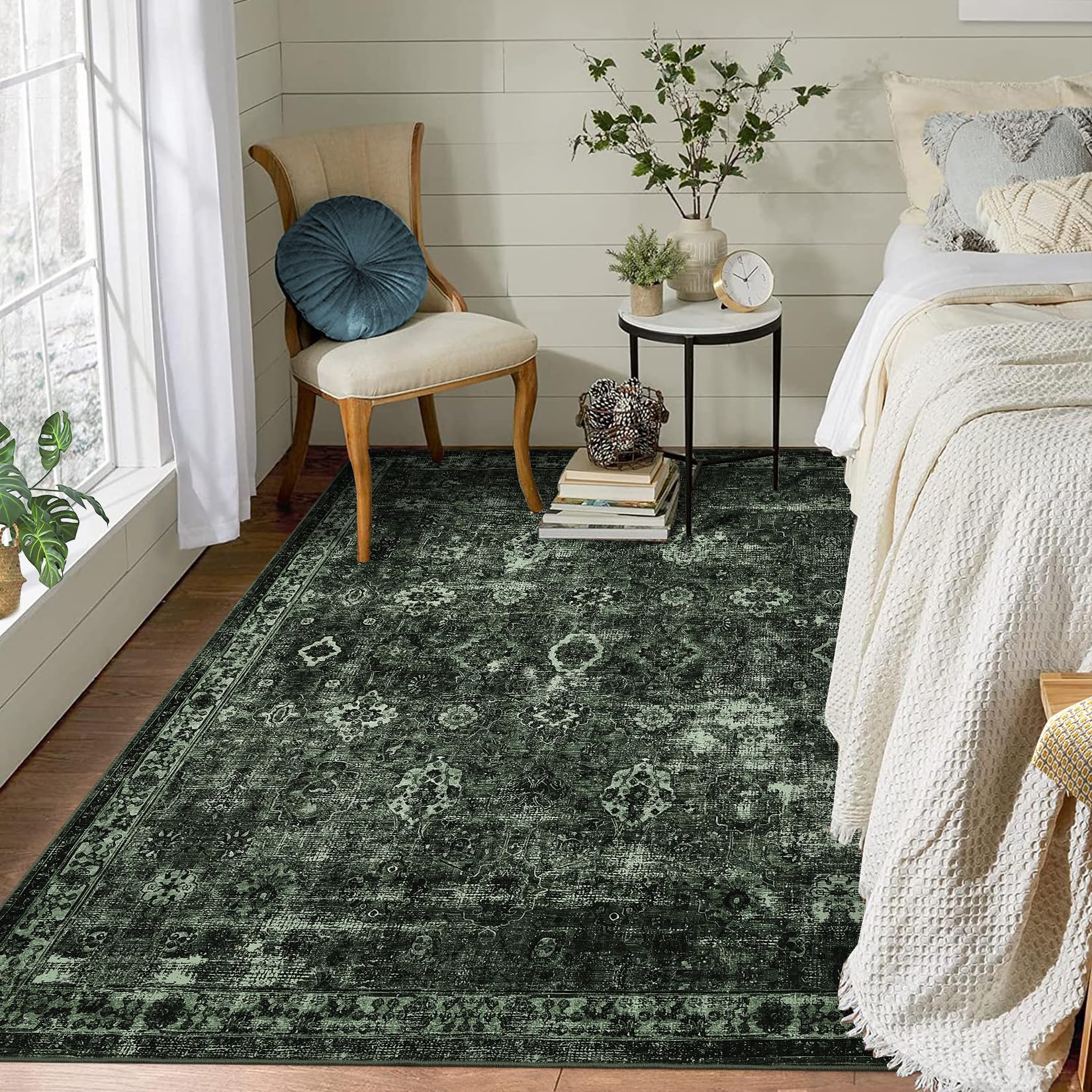 Tapis Garvee Boho, pour salon, style vintage, lavable, à poils courts, antidérapant, idéal pour la chambre, style rétro, 120 x 170 cm, vert foncé