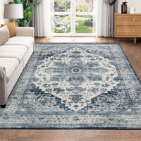 Tapis oriental vintage Garvee, antidérapant, antitache, à poils courts et doux, lavable, base en latex TPR, bleu, 120 x 170 cm, salon, bureau