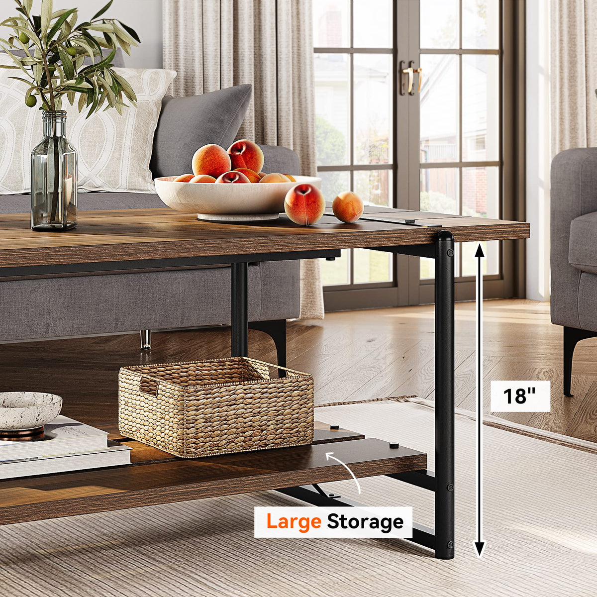 Table basse Garvee à deux niveaux, style ferme, 104 cm (41 po), bois gris avec structure en métal, idéale pour le salon et le bureau. Grand espace de rangement, structure robuste en MDF, style industriel moderne.