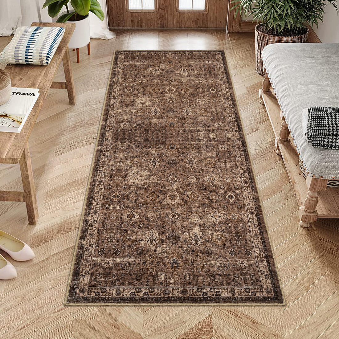 Garvee Vintage Teppich 80 x 150 cm Rutschfest Waschbar Boho Teppich Für Wohnzimmer Schlafzimmer Esszimmer Rotbraun