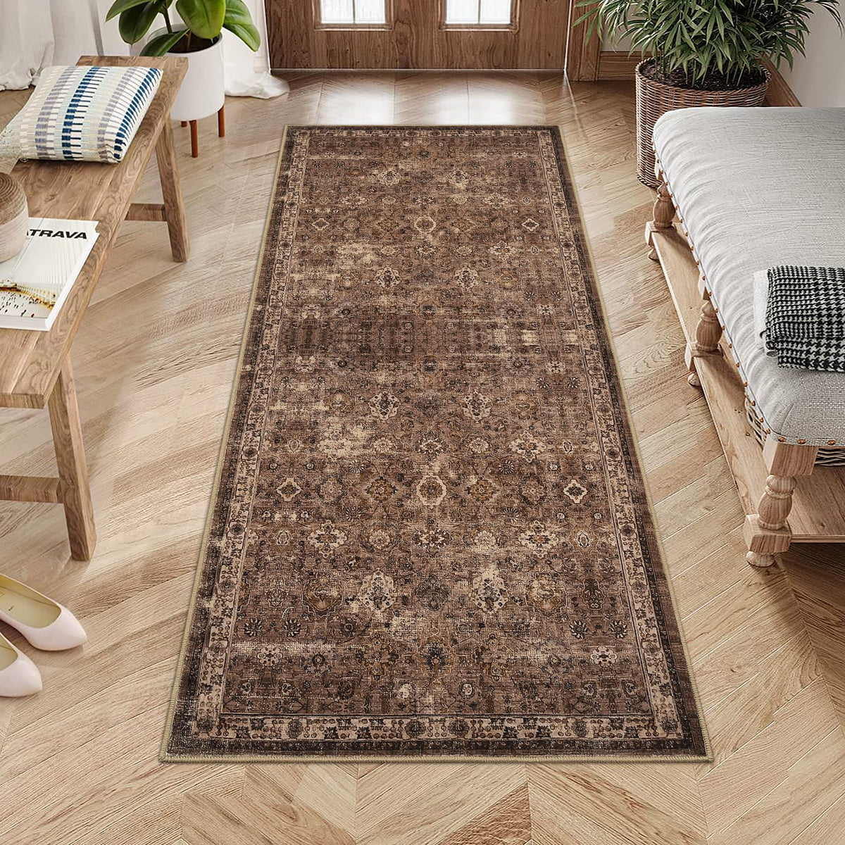 Garvee Vintage Teppich 80 x 150 cm Rutschfest Waschbar Boho Teppich Für Wohnzimmer Schlafzimmer Esszimmer Rotbraun