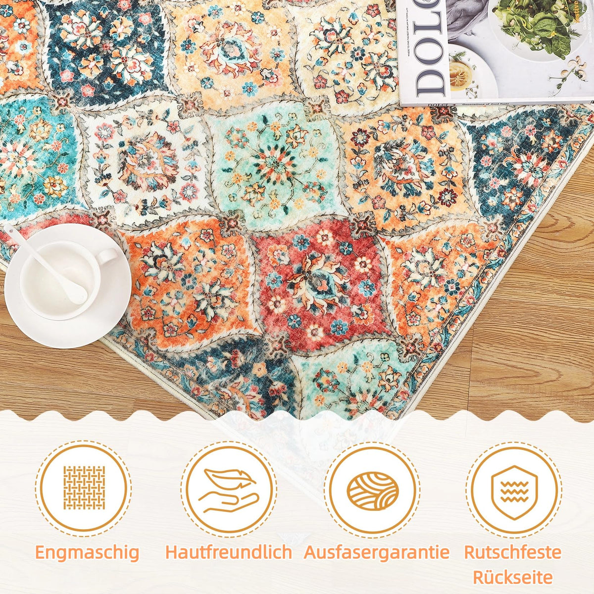 Tapis de couloir Garvee 200 x 290 cm, lavable, motif floral vintage, pour chambre ou cuisine, antidérapant