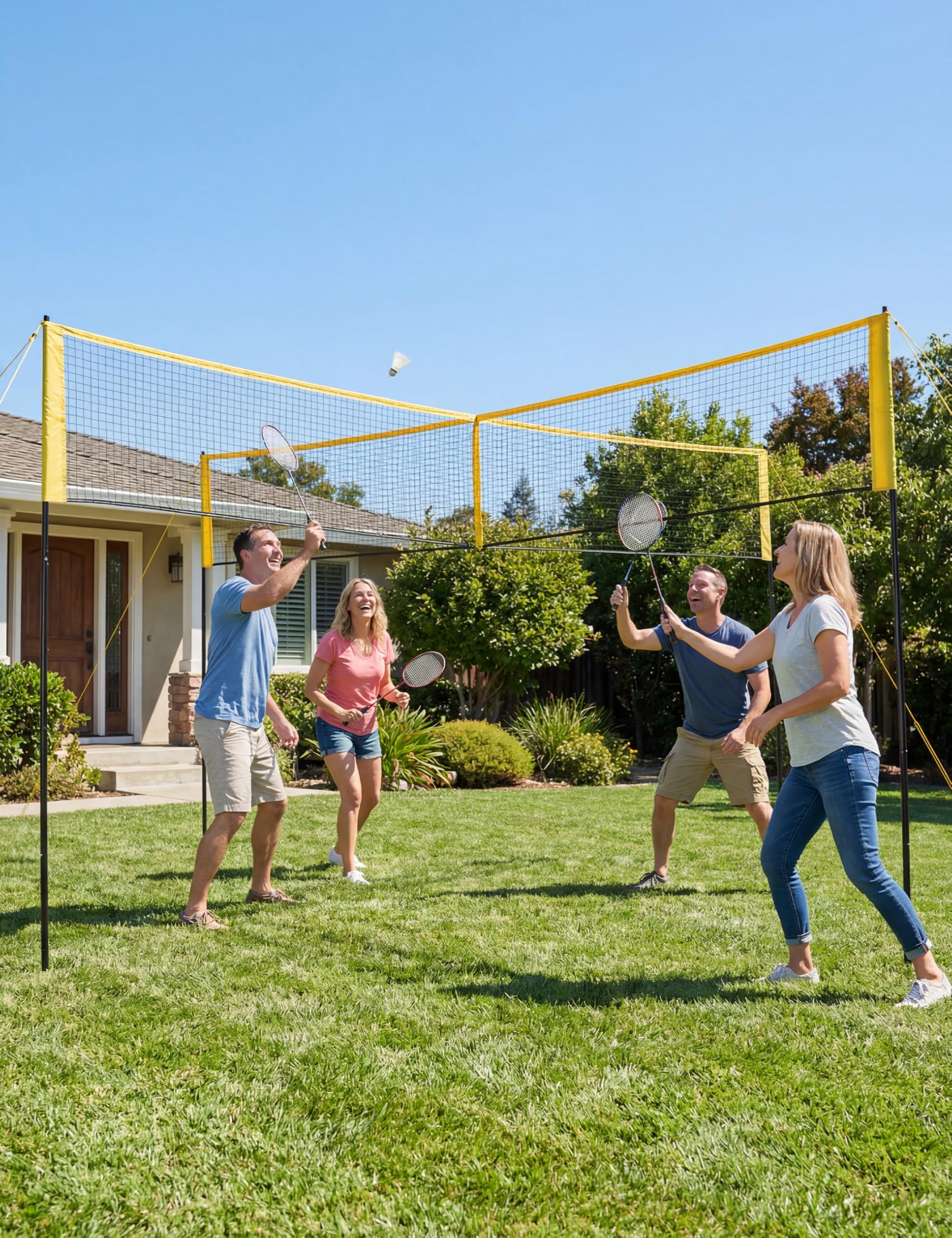 Ensemble de volley-ball Garvee 4 carrés avec filet de 4,27 m (14 pi) à 4 directions, 3 hauteurs réglables, filet en PE et poteaux en fer pour des moments de plaisir en famille en plein air, sac de transport inclus