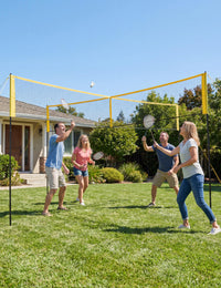 Ensemble de volley-ball Garvee 4 carrés avec filet de 4,27 m (14 pi) à 4 directions, 3 hauteurs réglables, filet en PE et poteaux en fer pour des moments de plaisir en famille en plein air, sac de transport inclus