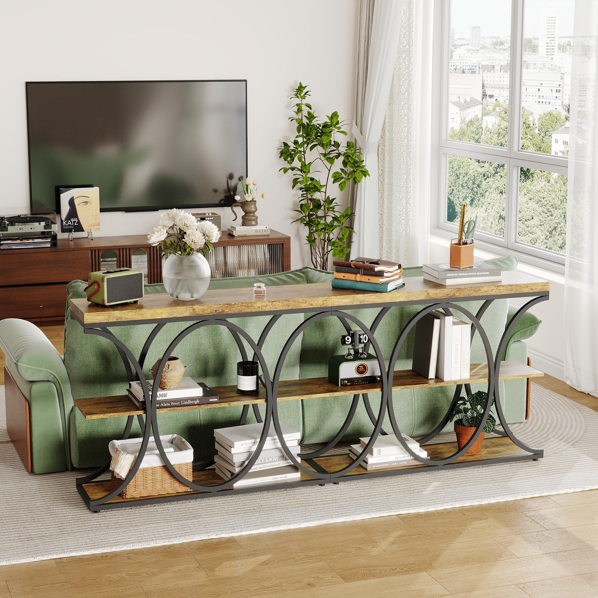 Console d'entrée industrielle Garvee 99 cm (39 po) avec étagères en bois à 3 niveaux, structure circulaire en métal, robuste pour couloir et salon, profondeur de 30 cm (11,8 po), noire