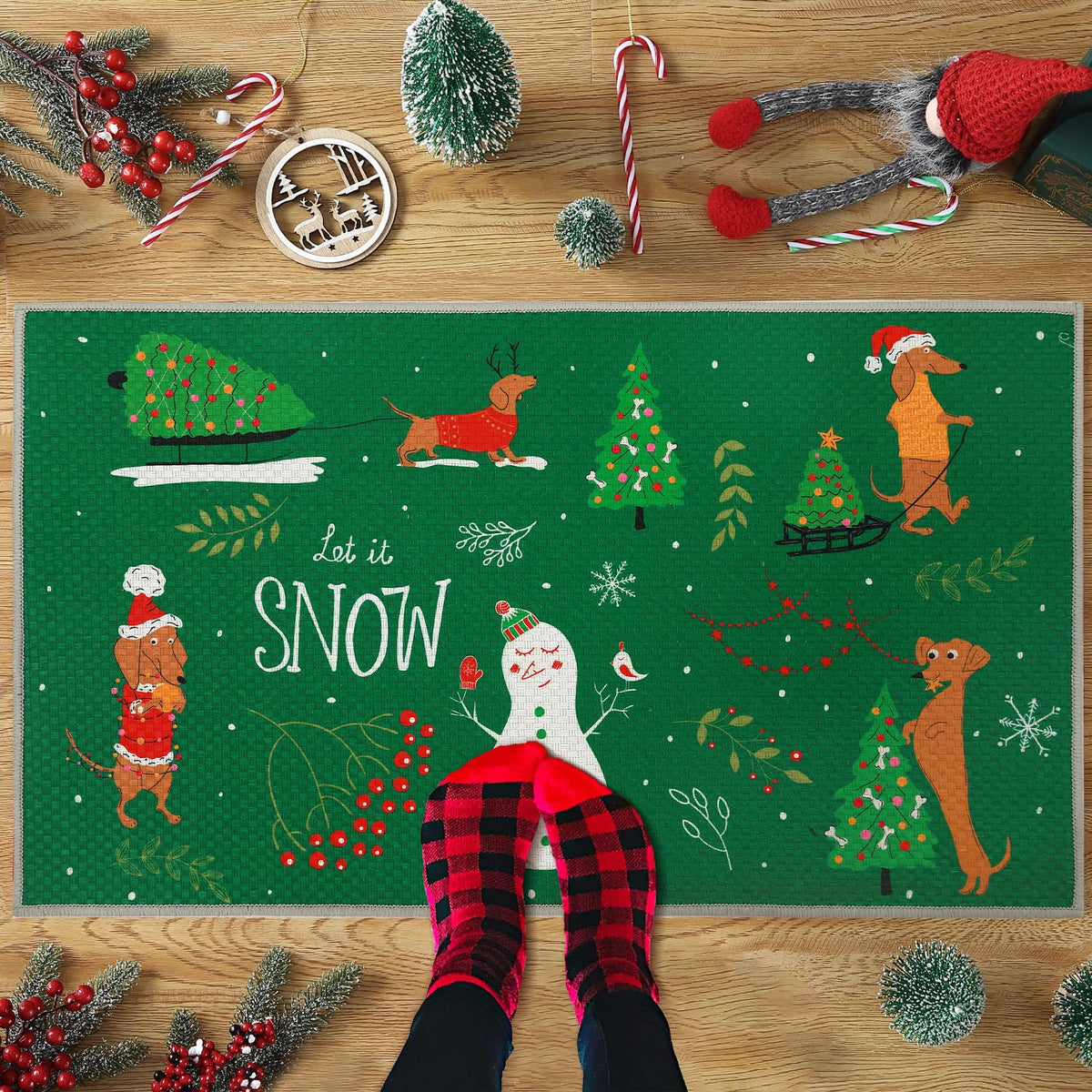 Garvee Paillasson de Noël antidérapant, aspect lin, tapis de bienvenue pour l'extérieur, 40 x 60 cm, vert