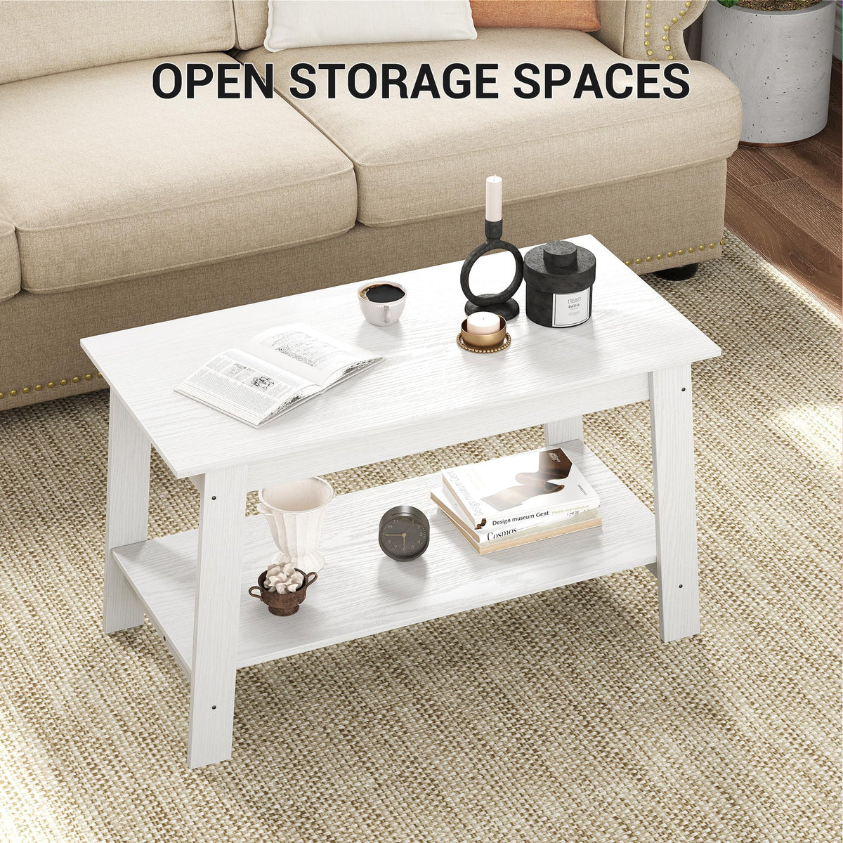 Garvee table basse 80 cm, style rustique moderne, 2 niveaux, bois blanc, rectangulaire, idéale pour salon, bureau ou chambre