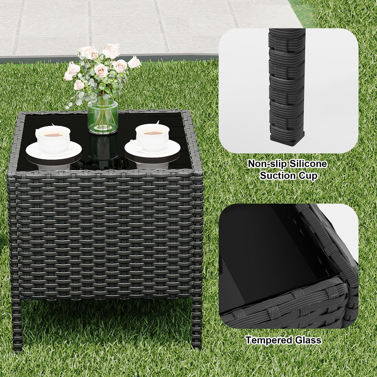 Garvee Ensemble de mobilier de jardin, 3 pièces, rotin PE, balcon/jardin, noir/beige, tous temps, ergonomique