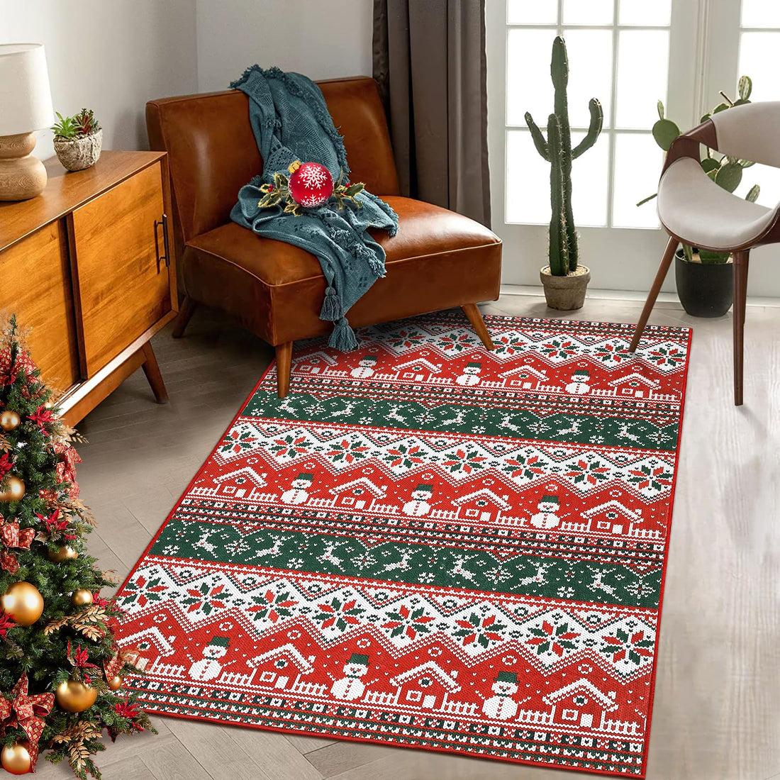 Tapis de Noël bohème Garvee, grand format, lavable en machine, motif sapin de Noël, élan et flocons de neige, idéal pour le salon, la chambre, la cuisine ou la salle à manger, 140 x 200 cm.