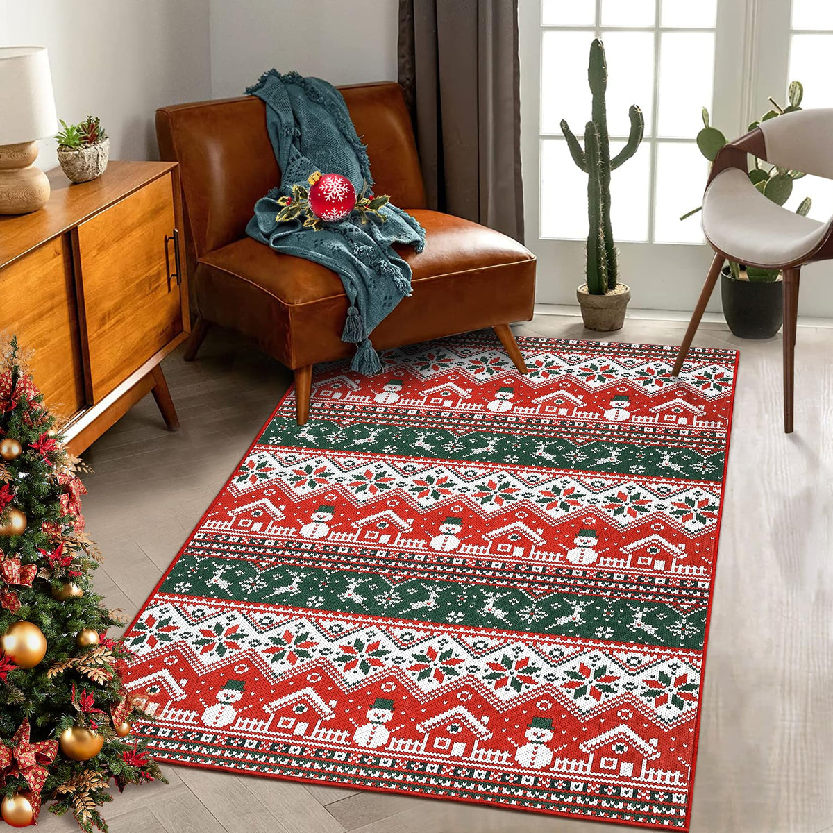 Tapis de Noël bohème Garvee, grand format, lavable en machine, motif sapin de Noël, élan et flocons de neige, idéal pour le salon, la chambre, la cuisine ou la salle à manger, 140 x 200 cm.