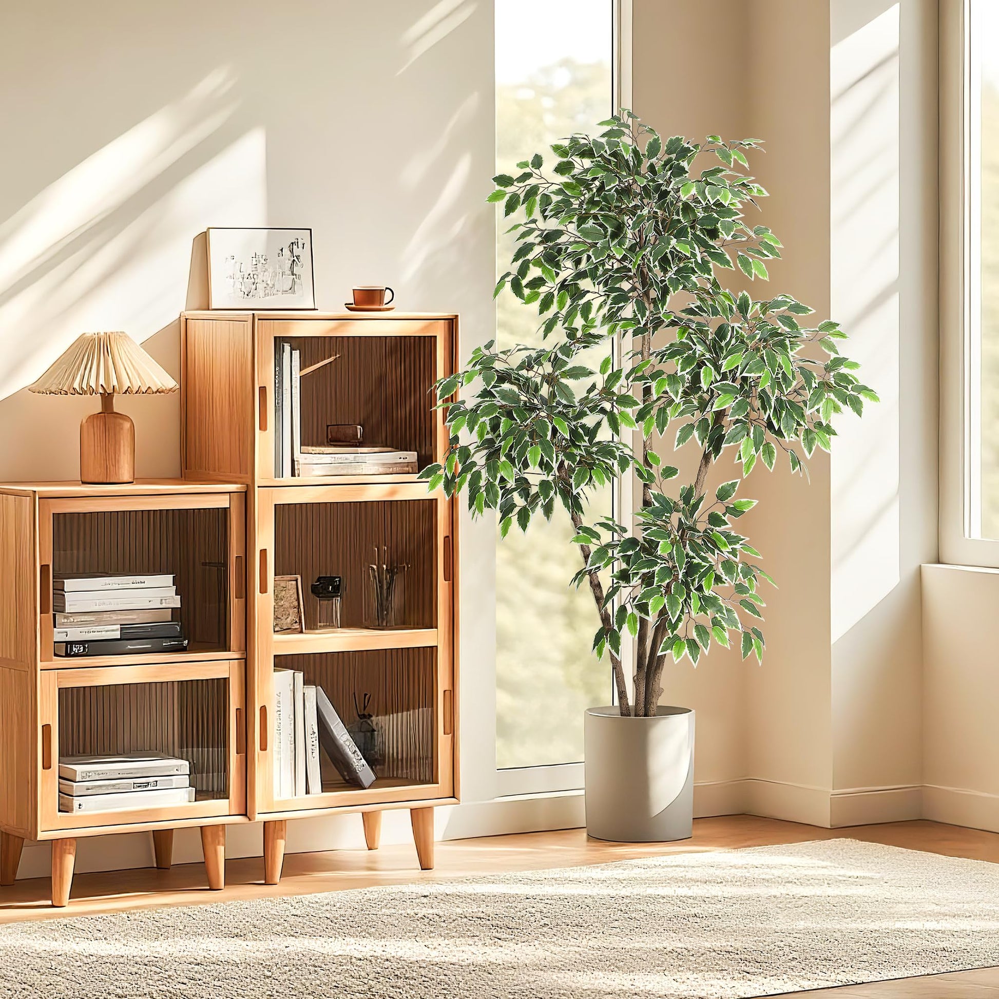 Ficus artificiel Garvee de 1,83 m (6 pi) avec 4 troncs, grand pot blanc pour salon et bureau, 180 cm x 105 cm (70,8 po x 41,3 po).