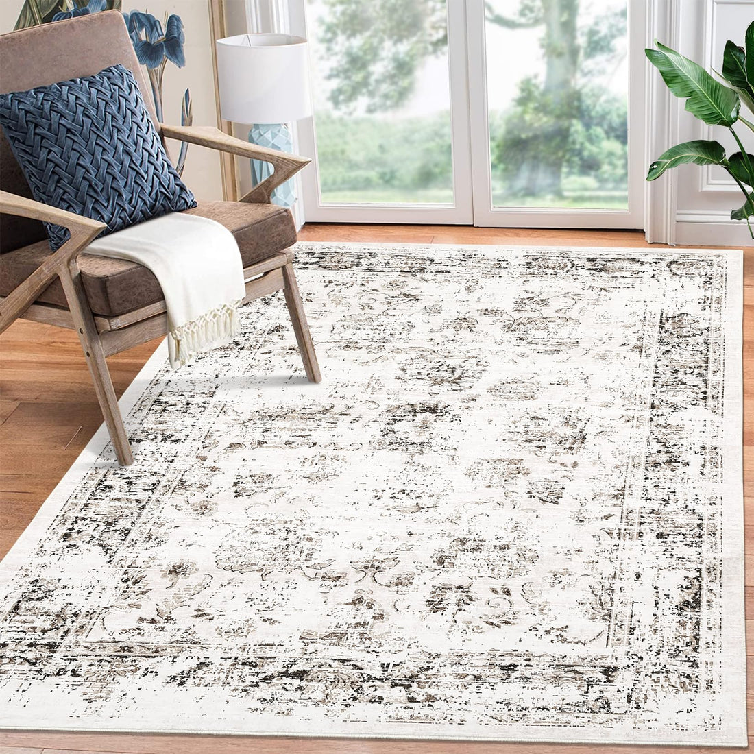 Tapis de salon vintage Garvee, doux, lavable, style campagnard oriental, rose, 160 x 230 cm