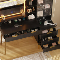 Garvee Coiffeuse cannelée avec miroir et éclairage LED, 5 tiroirs, station de chargement USB, noir et or, chambre, 114 cm (114 cm)