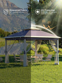 Garvee Tonnelle Pliante 335 x 335 cm avec Moustiquaire, Résistante à l’Eau et aux UV, Cadre Métal Anticorrosion, 3 Hauteurs