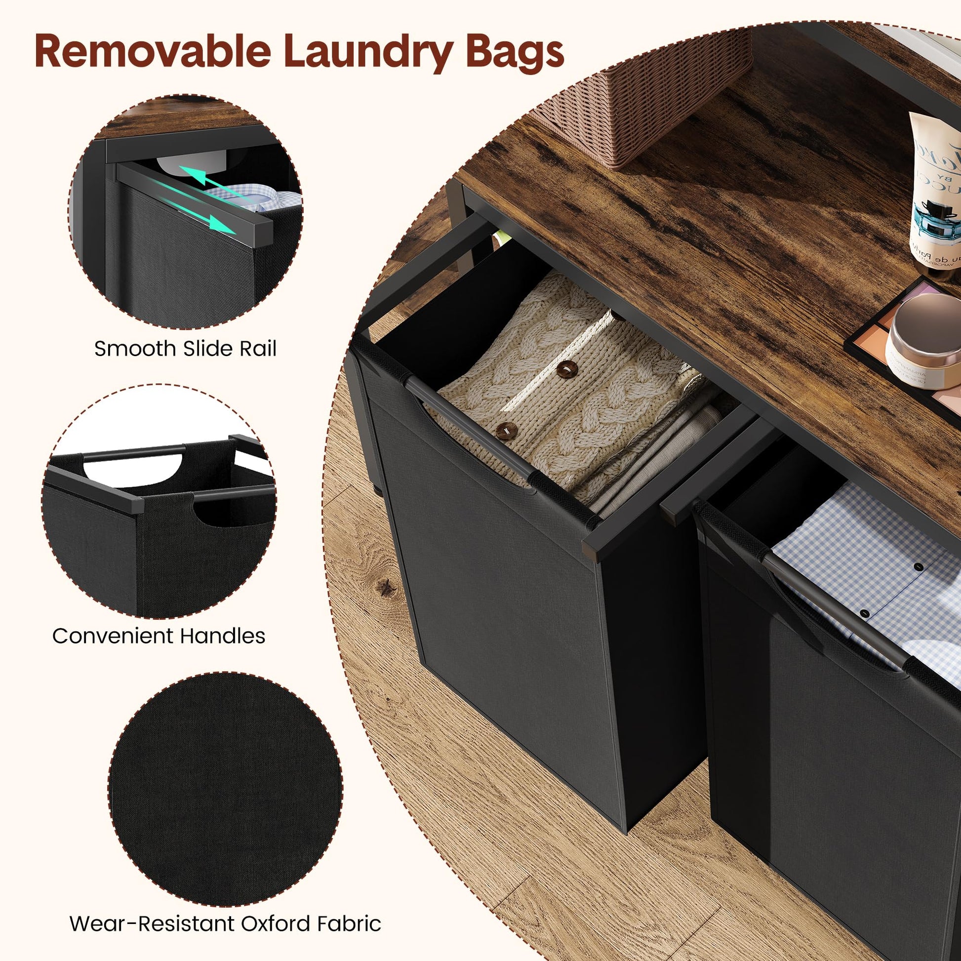 Panier à linge Garvee avec 2 compartiments, 3 étagères, 2 poches coulissantes, structure en fer et bois, grand format, robuste, pieds réglables, pour usage domestique.