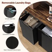 Panier à linge Garvee avec 2 compartiments, 3 étagères, 2 poches coulissantes, structure en fer et bois, grand format, robuste, pieds réglables, pour usage domestique.