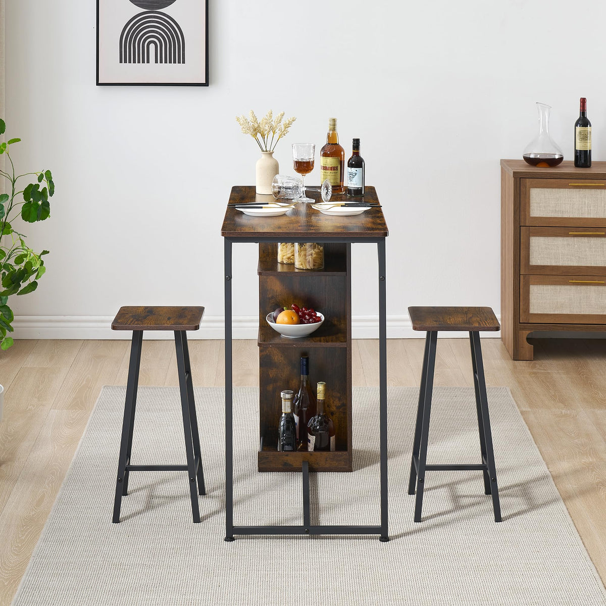 Ensemble table et chaises de bar Garvee, 3 pièces, brun rustique avec rangement, hauteur réglable, pour coin cuisine/petit-déjeuner, MDF/acier