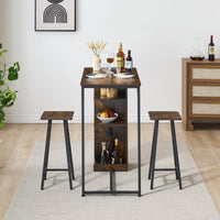 Ensemble table et chaises de bar Garvee, 3 pièces, brun rustique avec rangement, hauteur réglable, pour coin cuisine/petit-déjeuner, MDF/acier