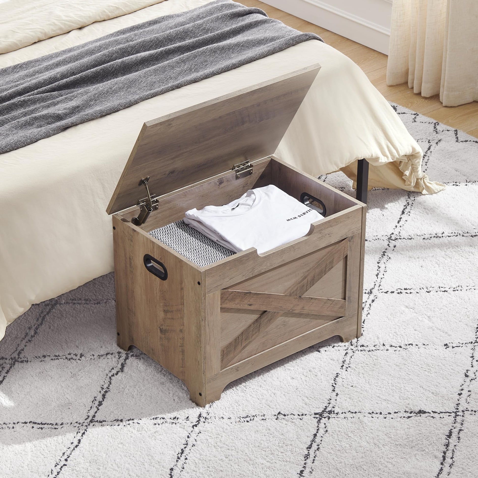 Banc de rangement Garvee avec verrou de sécurité, coffre en bois de style campagnard pour entrée et chambre, gris