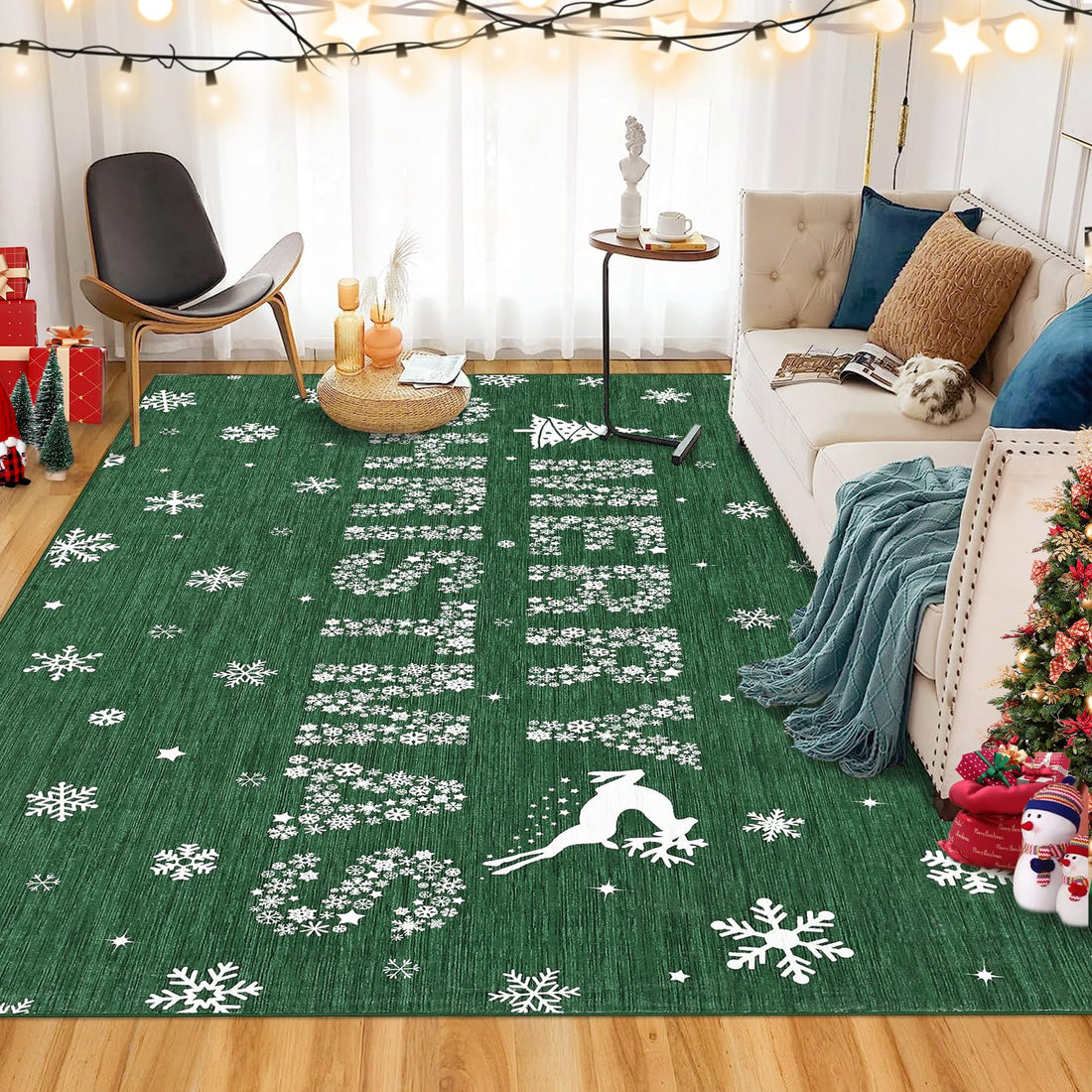Tapis de salon Garvee, tapis de Noël, motif élan vert, lavable et antidérapant, pour chambre, cuisine, salle à manger, bureau, 200 x 290 cm
