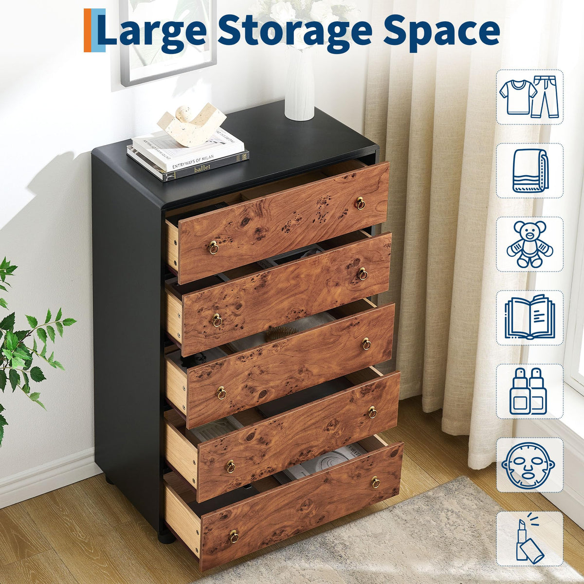 Garvee commode moderne à 5 tiroirs avec poignées en métal style vintage, idéale pour la chambre et le salon, 117 cm, chêne naturel