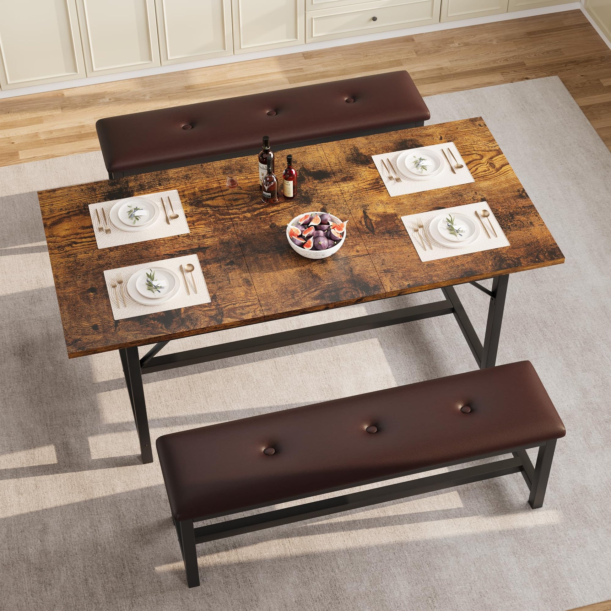 Ensemble table et chaises extensibles Garvee pour 4 à 6 personnes avec protections d'angle et banquettes rembourrées, structure en MDF, piètement en H robuste, gain de place, idéal pour les petites pièces, noir