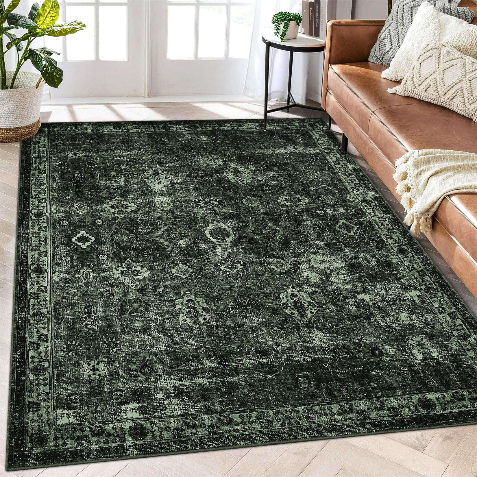 Tapis Garvee Boho, pour salon, style vintage, lavable, à poils courts, antidérapant, idéal pour la chambre, style rétro, 120 x 170 cm, vert foncé