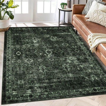 Tapis Garvee Boho, pour salon, style vintage, lavable, à poils courts, antidérapant, idéal pour la chambre, style rétro, 120 x 170 cm, vert foncé