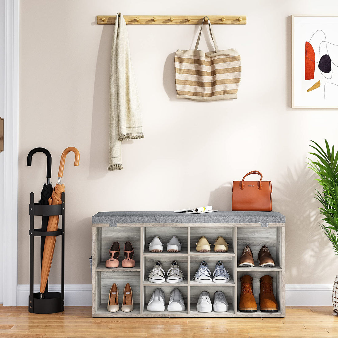 Banc à chaussures Garvee avec revêtement, réglable sur 3 niveaux, 10 compartiments, en bois aggloméré, 104 cm (41 pouces), pour couloir et chambre.