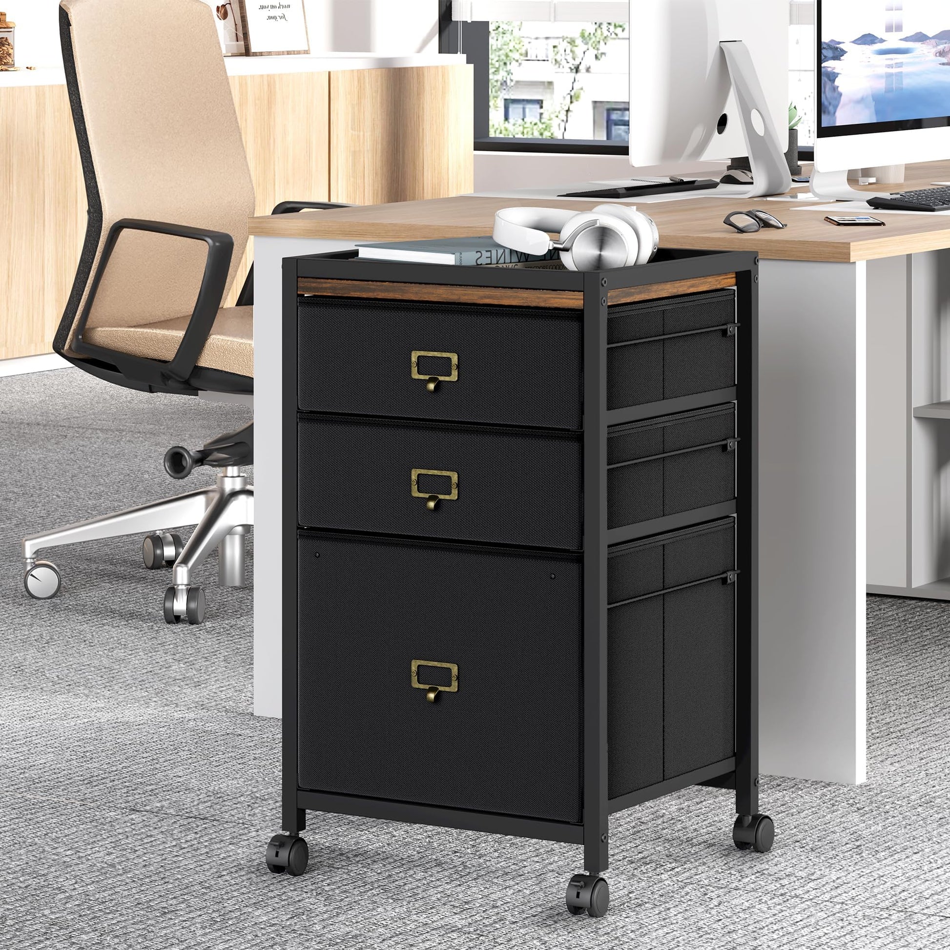 Garvee Caisson de classement mobile 3 tiroirs avec roulettes, cadre métal, plateau MDF, compatible A4/Lettre, noir rustique, bureau maison.