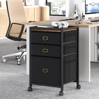 Garvee Caisson de classement mobile 3 tiroirs avec roulettes, cadre métal, plateau MDF, compatible A4/Lettre, noir rustique, bureau maison.